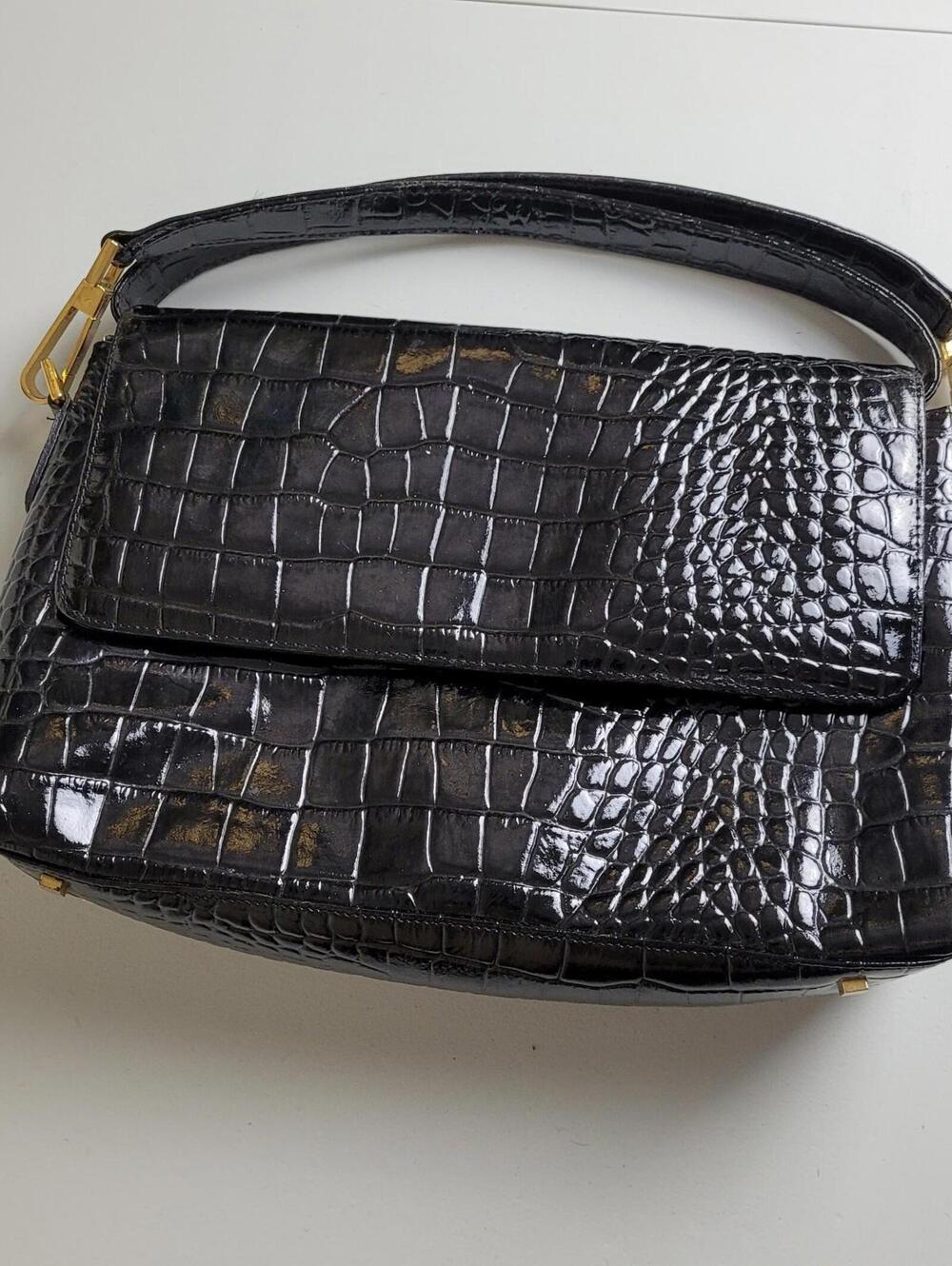 Stone Mountain Faux Crocodile Shoulder Handbag Black Pockets Adjustable Strap